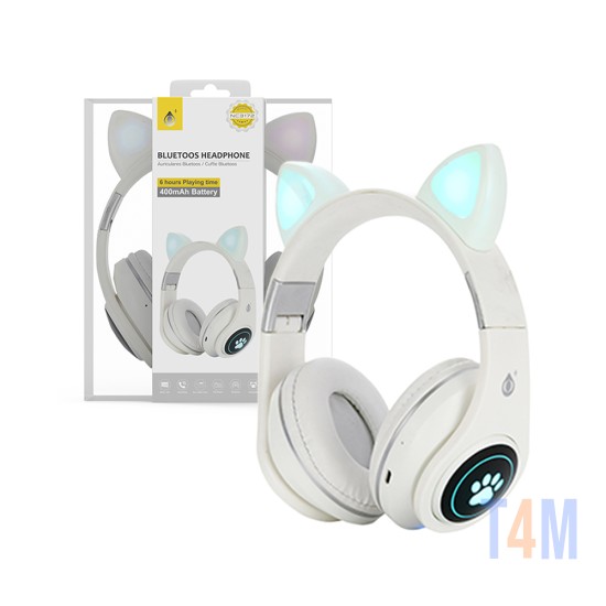 Auscultadores Orelhas de Gato Sem Fio OnePlus NC3172 com LED Luminoso e Microfone BTS/FM/TF(32GB)/Áudio 400mAh Branco